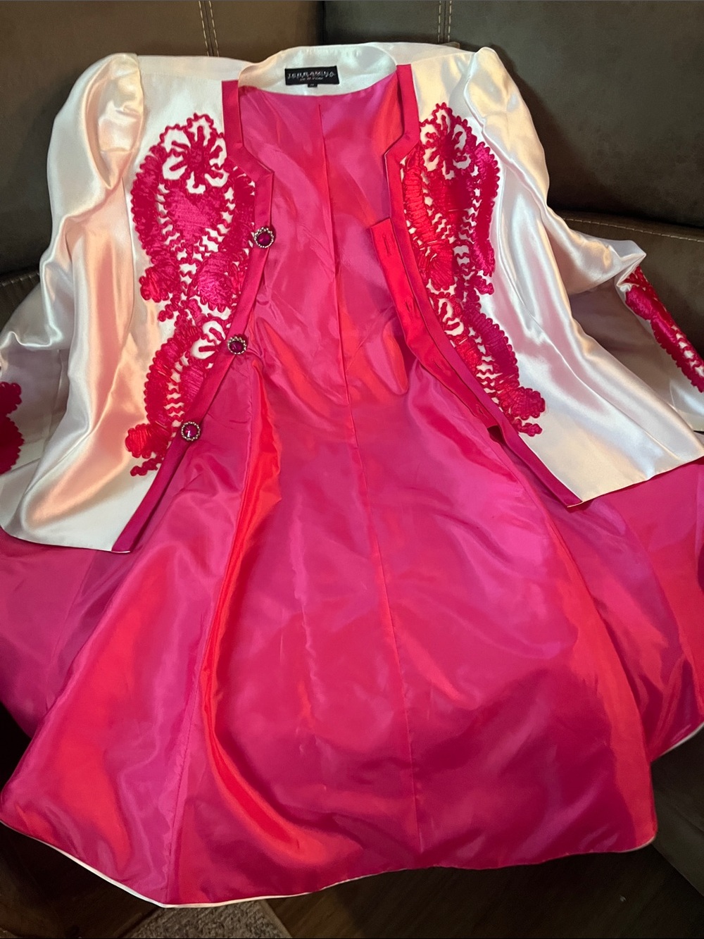 Unbranded Hot Pink Satin Party Dress with Ivory Embroidered Jacket